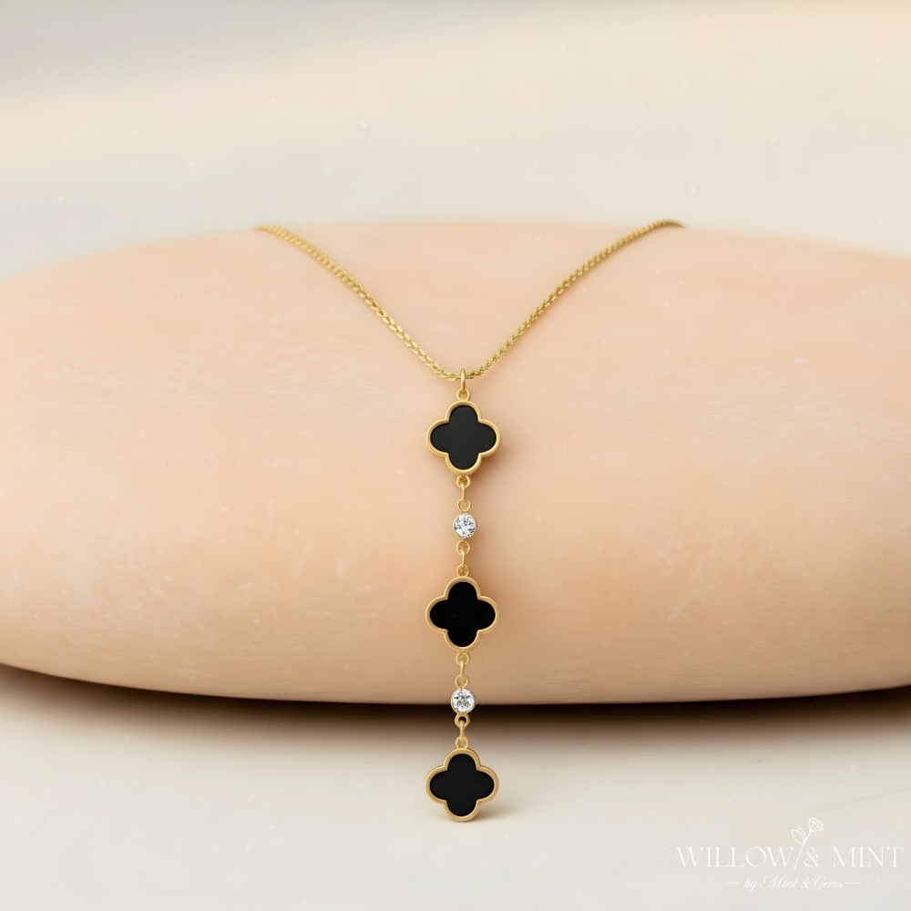 Onyx Black Clover Charm Y-Necklace Handmade Lariat